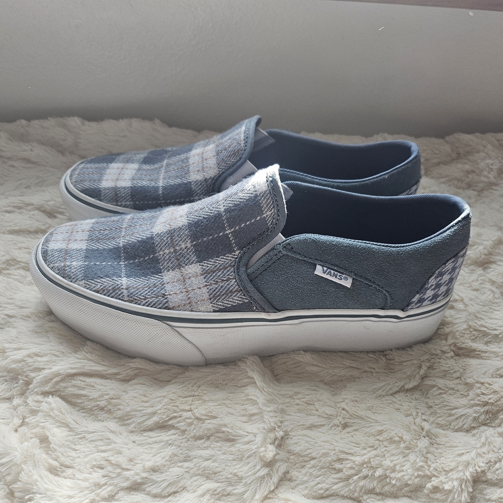 Vans Blue and Gray Plaid Slip-Ons